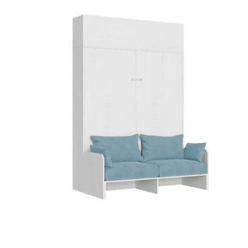 Cama Doble Plegable Kentaro De 160 Cm Con Sofá Y Mueble Alto De Fresno Blanco, Azul Claro