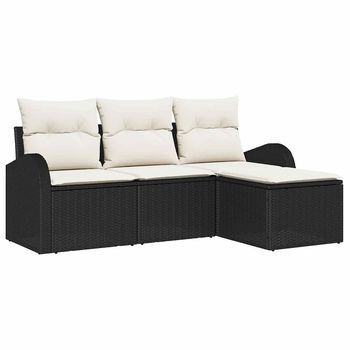 Juego De Sofá Con Cojín 4 Piezas | Mueble De Jardín Negro Y Ratán Sintético