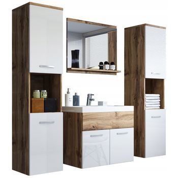 Conjunto De Muebles De Baño Montreal Xl, Juego De Muebles De Baño, Muebles De Baño Pequeños, Lavabo Incluido, Color Wotan/blanco Brillo