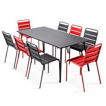 Mesa De Jardín Rectangular Y 8 Sillas De Metal Gris Y Rojo