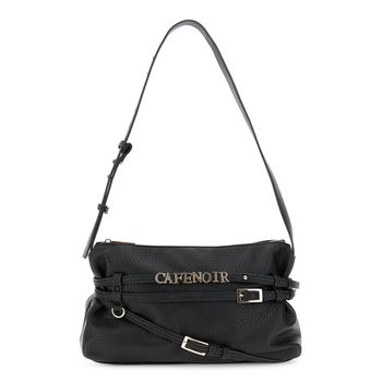bolso de mano efecto piel granulada con letras y hebillas. black