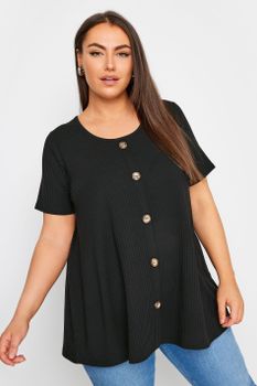 Yours Top Canalé Negro Con Botones De Adorno, Mujer Curvy Y Tallas Grandes, Yours