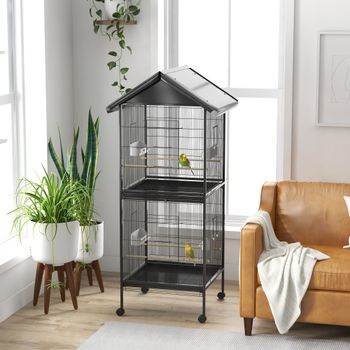 PawHut Jaula para Pájaros 2 en 1 Grande de 2 Pisos 78x75x168 cm Negro