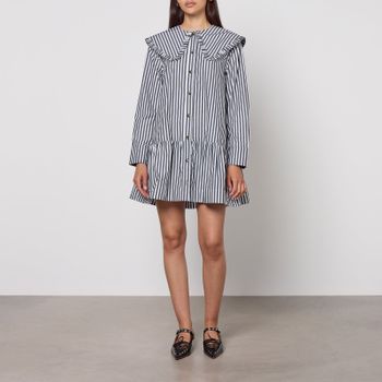 Ganni Stripe Big Collar Cotton-Poplin Mini Shirt Dress - UK 12