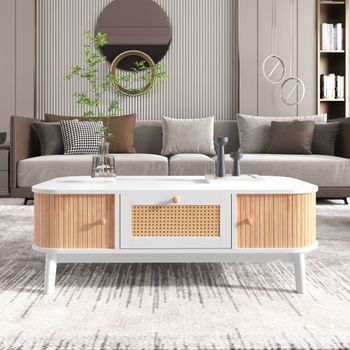 Mesa De Centro De Ratán Blanca Y Madera Con Almacenamiento, 110 X 55 X 38,5 Cm