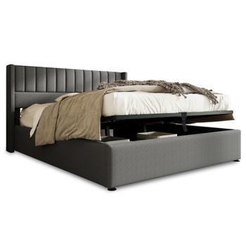 Cama Doble Hidráulica De 180x200cm-cama Con Almacenamientolino-gris