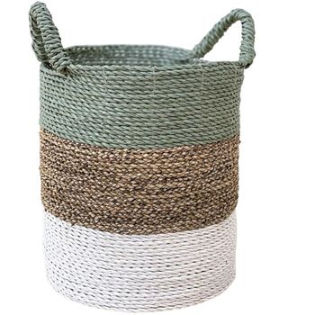 Cesto de fibras naturales con tonos blancos y verdes d. 40 cm