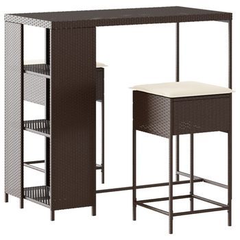 Juego De Bar De Jardín De 3 Piezas | Mueble De Jardín Con Cojines Ratán Pe Marrón