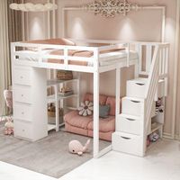 cama alta 140x200 cm blanca de madera con cajones estantes y escalera lateral