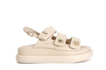 sandalias de piel con botones y velcro. beige
