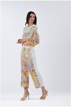 pantalón bimateria con parte delantera estampada flower panel s