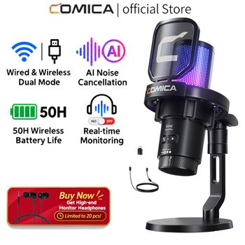 COMICA Uni Pro Micrófono Inalámbrico USB para Juegos, para PC, Portátil, Teléfono Inteligente, Micrófono de Condensador con Cancelación de Ruido y Luces RGB
