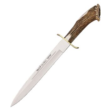 Cuchillo de caza Muela Alcaraz ALCARAZ-19S, puño de asta de ciervo con roseta y latón, peso 375 gramos + tarjeta multiusos de regalo