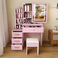 mesa tocador con espejo led y taburete - mueble de dormitorio - mdf - rosa 85x36x130cm
