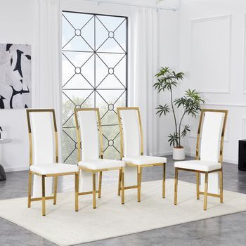 Set De 4 Sillas De Comedor Blancas Y Doradas, Estructura Metálica Y Respaldo Alto De 109 Cm