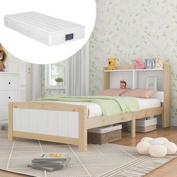 Cama Infantil 90 X 200 Cm Con Cabecero - Madera Maciza - Natural + Blanco + Colchón