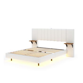 Cama Tapizada 140 X 200 Cm Con Cabecero Alargado Y Estantes Laterales - Toma Usb Y Led - Tela De Lino - Beige