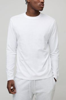 Basic Long Sleeve Regular Fit Crew Neck T-Shirt, Blanco
