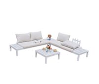 conjunto de exterior jardin alcocebre estilo contemporaneo en color blanco con 2 sofas y 2 mesas de centro con cojines