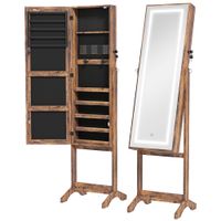 homcom espejo joyero con luces led inclinado en 3 angulos cierre magnetico cerradura con 2 llaves marron rustico