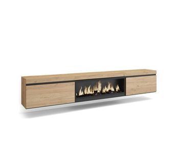 Mueble tv, televisión, muebles de salón, almacenaje, 267x35x45cm, para tv gran formato, chimenea eléctrica xxl, colgado, suspendido, estilo moderno, roble