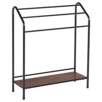 toallero de metal negro mate madera oscura recubrimiento en polvo 3 rieles accesorio de pie moderno bano muriva