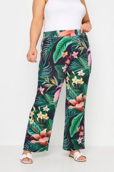 Yours Pantalón Ancho Estampado Tropical Verde Y Negro, Mujer Curvy Y Tallas Grandes, Yours