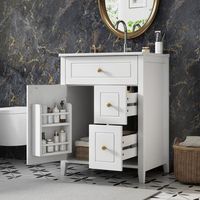 mueble de bano con lavabo ceramico 61 cm blanco brillo y tiradores dorados