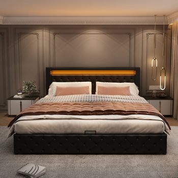 Cama De 140 X 200 Cm, Funcional Con Almacenamiento Hidráulico, Led Integrado Con Mando A Distancia, Material De Poliuretano, Color Negro