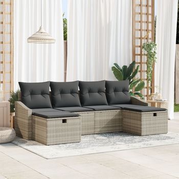 Conjunto De Sofá De Jardín De 6 Piezas Con Cojines Gris Claro Ratán Poli V5245 Unico / Gris