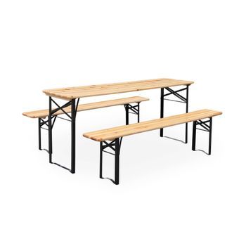 Mesa De Madera Y 2 Bancos Plegables Para 6 Personas, Natural