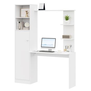 Escritorio Con Estantería Y Armario 123,5x45x168,5 Cm, Mesa De Estudio Multifuncional Con Almacenaje, Madera, Blanco