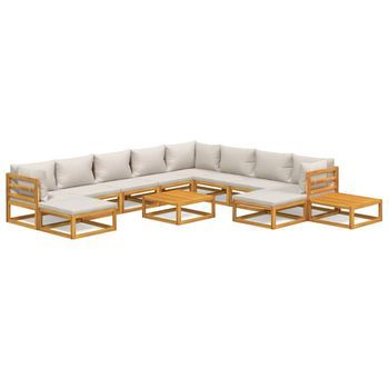 Set Muebles Jardín 12 Pzas Madera Maciza Y Cojines Gris Claro Vidaxl