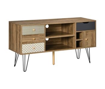 Homcom mueble de tv con estantes de almacenamiento 4 cajones y patas de metal mesa para tv de salón para televisores de hasta 50 pulgadas para dormitorio 120x39x64 cm marrón
