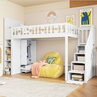 cama alta 90x200 con escalera de almacenamiento estantes y armario blanco