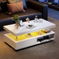mesa de centro blanca de alto brillo 95 x 50 x 425 cm con 4 vidrios y 2 cajones