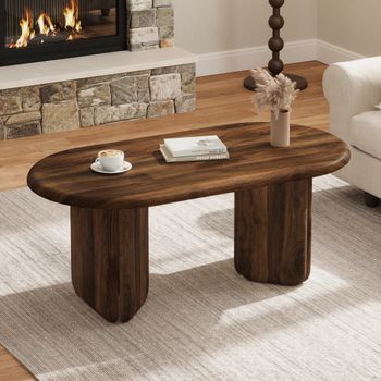 Mesa De Centro Ovalada De Mdf Color Nogal, 99 × 50 × 40 Cm, Patas Redondeadas