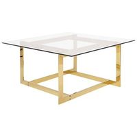 mesa de centro con marco de metal dorado y tablero cuadrado de vidrio crystal