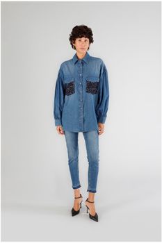 camisa oversize con bolsillos de lentejuelas medium blue m