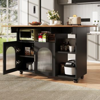 Isla De Cocina Con Mesa Plegable, 120 Cm, Almacenamiento Y Ruedas