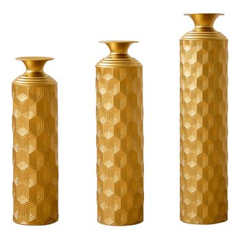 Set de 3 jarrones de suelo de metal dorado, motivo de panal, 50-85 cm