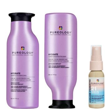 Pureology Hydrate Shampoo 266ml, Conditioner 266ml and Color Fanatic Spray Travel Size 30ml For Dry Hair Bundle