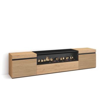 Mueble tv efecto madera roble 200x35x45cm chimenea efecto fuego