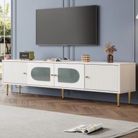 mueble tv blanco con cristal curvado y tiradores dorados 2 puertas