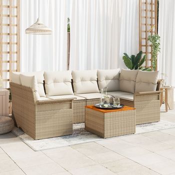 Juego De Sofá De Jardín De 7 Piezas Con Cojines Beige Ratán Poliéster Acacia V3955 Unico / Beige