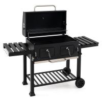 costway barbacoa de carbon portatil con tapa 2 mesitas plegables ventilacion ajustable funda termometro ruedas estante inferior 8 ganchos mangos bandejas