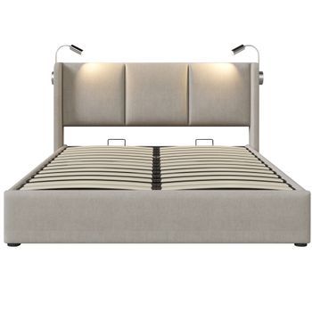 Cama Tapizada 140x200 De Lino Beige Con Almacenaje, Luz De Lectura Y Usb