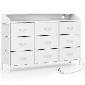 Costway Cómoda para Dormitorio con Luces LED Estación de Carga 9 Cajones de Tela Estructura Metálica para TV hasta 58