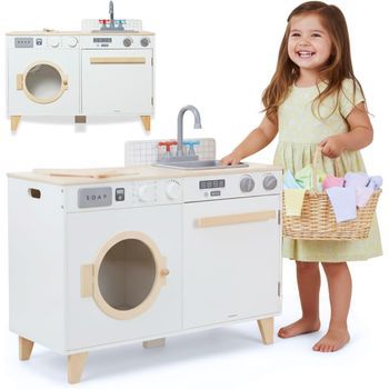 Cocina Infantil De Madera 2 En 1 Con Lavandería, Fregadero Y Accesorios, 73,5×29×67 Cm