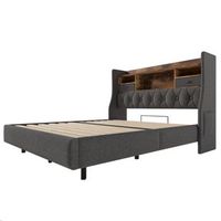cama de lino gris 140 x 200 cm de efecto flotante con led cabecero de almacenaje 3 usb y usb-c